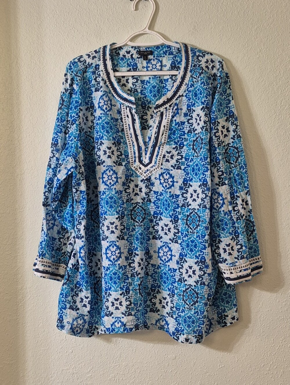 Talbots Blue and White Printed V-Neck Tunic